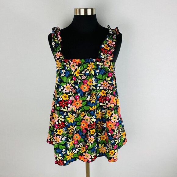 Shein Curve Colorful Variety Of Flowers Print Ruffle Strap Sleeves Tank Top 0XL - Picture 2 of 8